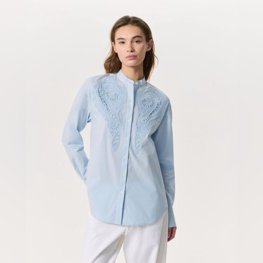 NWT rag & bone Ainsley Lace Trim Cotton Button-Up Shirt Blue Sz S